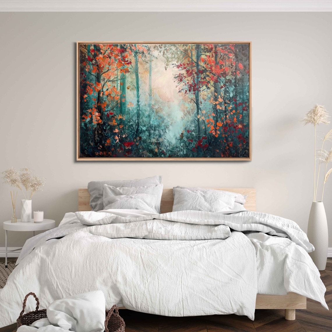 Abstract Autumn Forest Teal Trees Orange Foliage Modern Art Print - Image 3