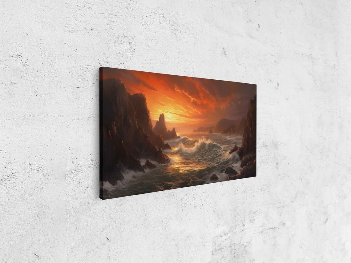 Golden Sunset Waves Breaking Between Rocky Cliffs Seascape Art Poster - Image 4