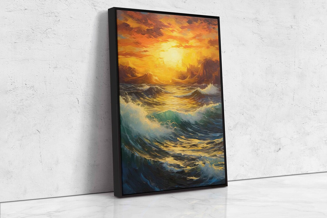 Golden Sunset Ocean Waves Crashing Surf Seascape Painting Poster - Image 4