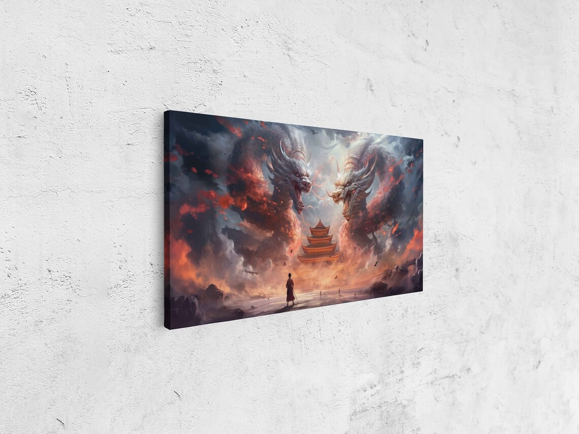 Twin Dragons Japanese Building Painting Framed Print Ready To Hang - Image 4