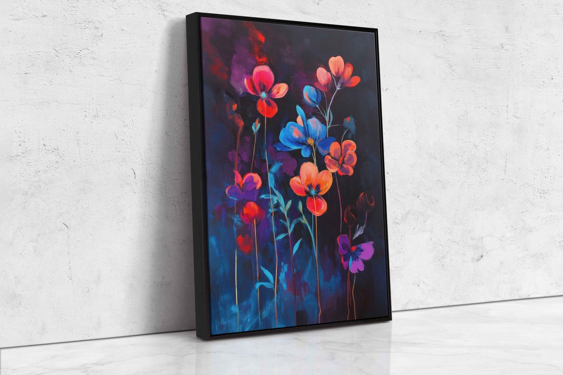 Neon Poppies Red Blue Wildflowers Night Dark Floral Art Poster - Image 4