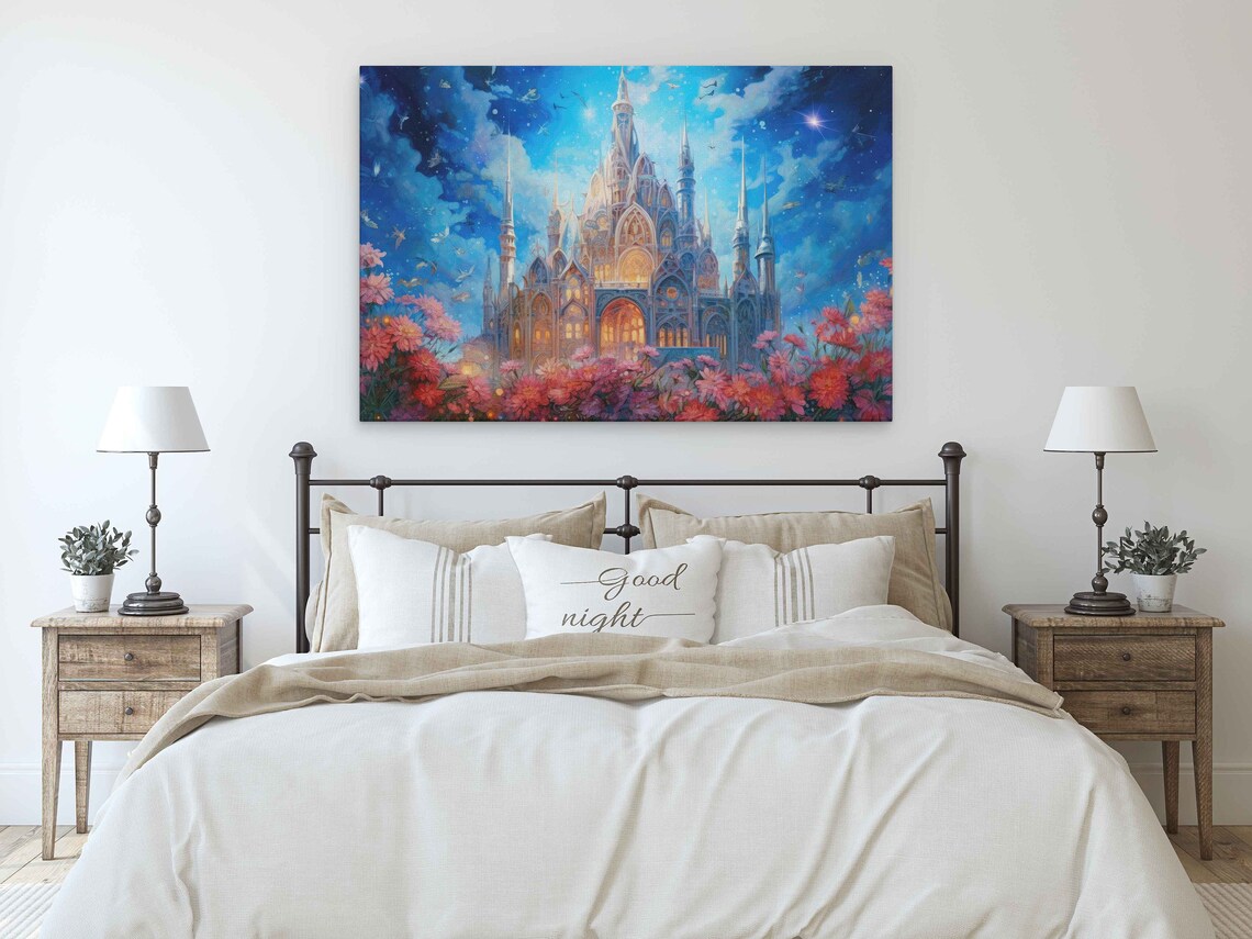 Fairy Tale Enchanted Castle With Flowers, Watercolor - Image 3