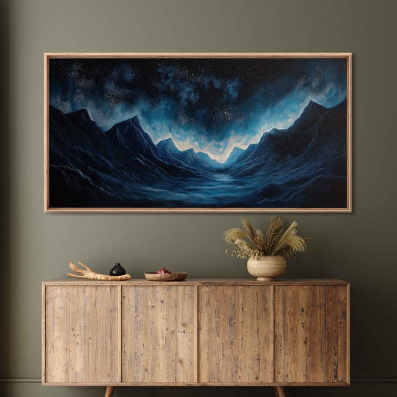 Starry Sky Over Majestic Mountains Wall Art Print Mesmerizing Acrylic Painting