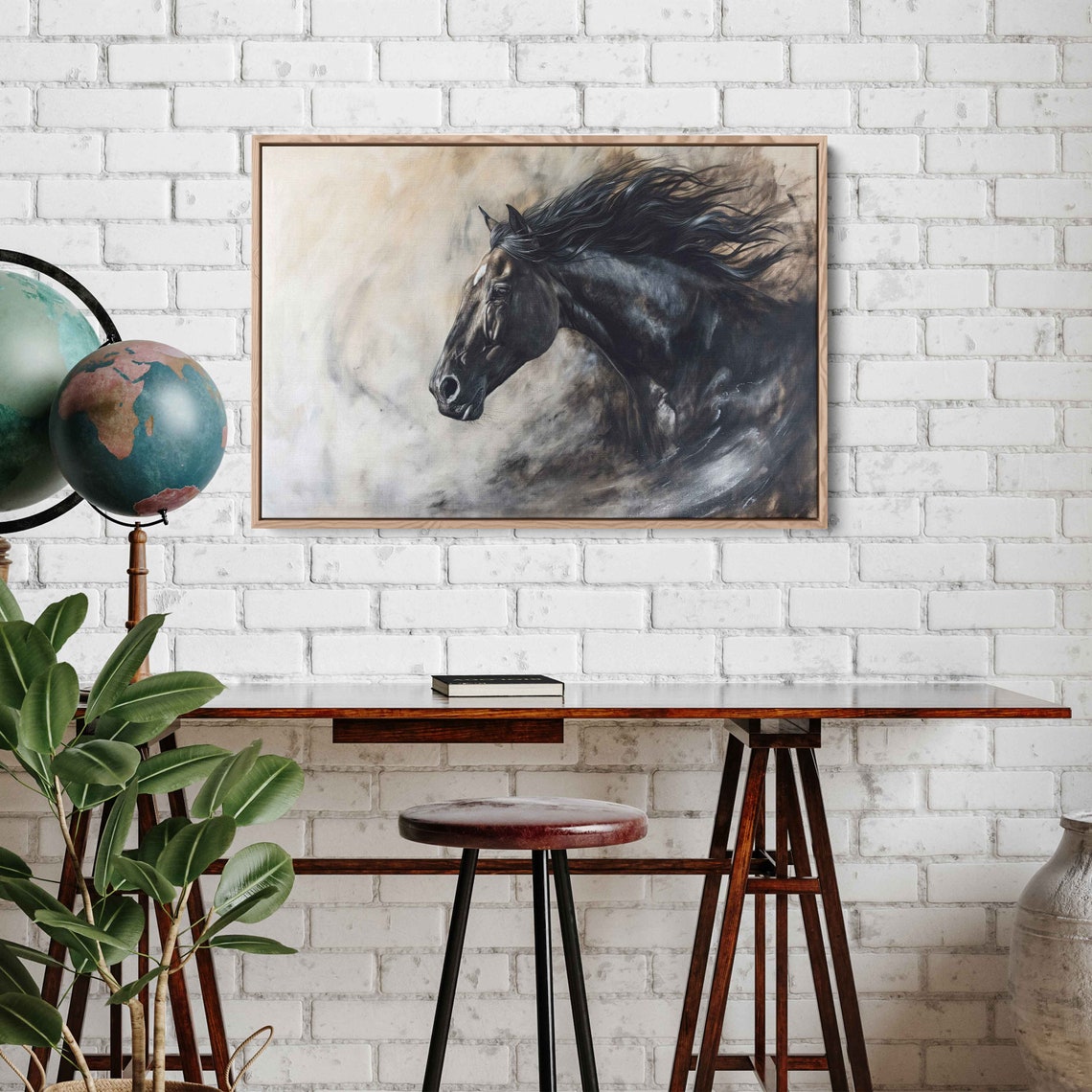 Black Horse Head Portrait Smoky Mist Dramatic Equine Painting Poster - Image 3