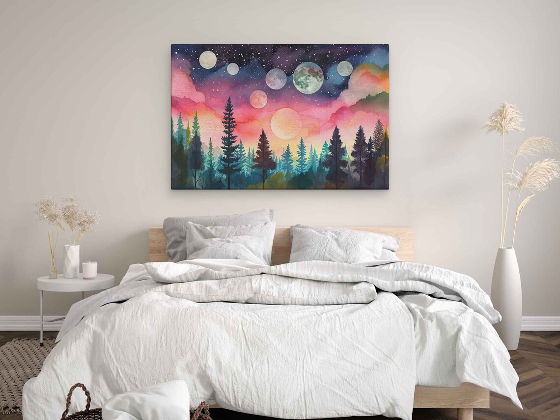 Celestial Watercolor Moons And Planets Over Pink Pine Forest Night Print - Image 3