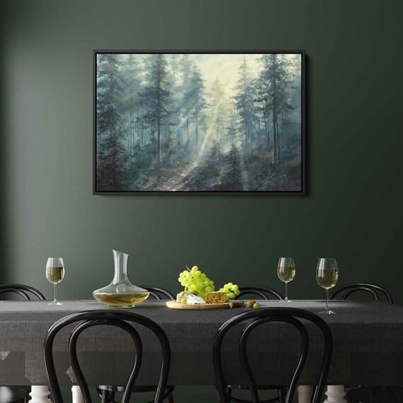 Sun Shining Through Dense Forest On Misty Morning Wall Art Print Nature Poster Gift For Hiker Ready To Hang