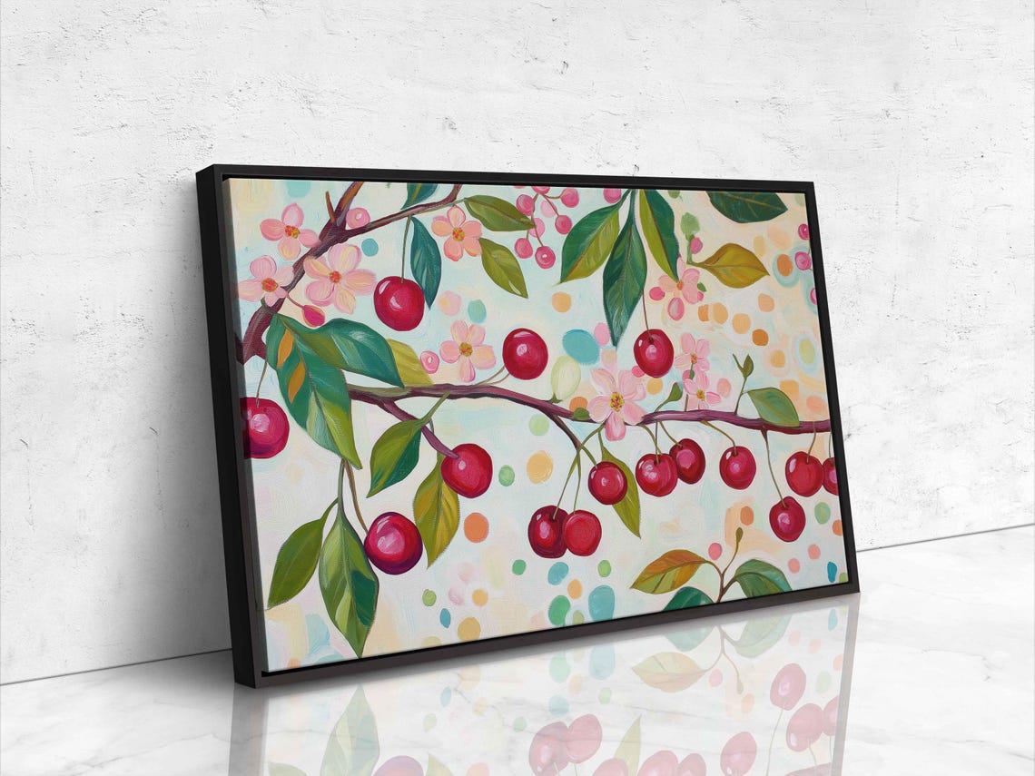 Bright Red Cherries Cherry Blossoms Whimsical Polka Dot Art Poster - Image 4