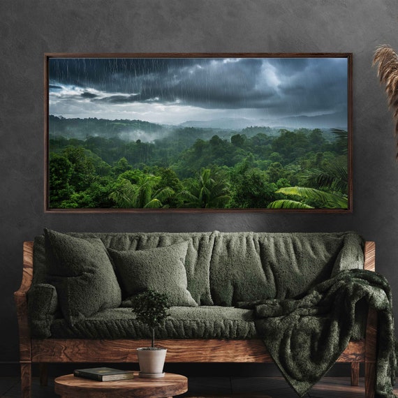 Heavy Rainfall Over Rainforest Wall Art Print Lush Jungle Landscape Monsoon Season Tropical Climate Dark Skies Ready To Hang