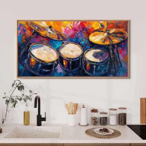 Drum Set Close Up Wall Art Print Lively Acrylic Painting Bold Colors Energetic Strokes
