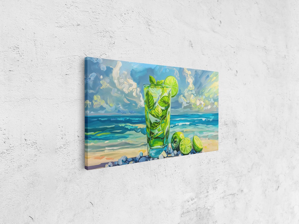Tropical Majito Painting Ocean Waves Limes And Leaves Wall Art Print Ready To Hang - Image 4