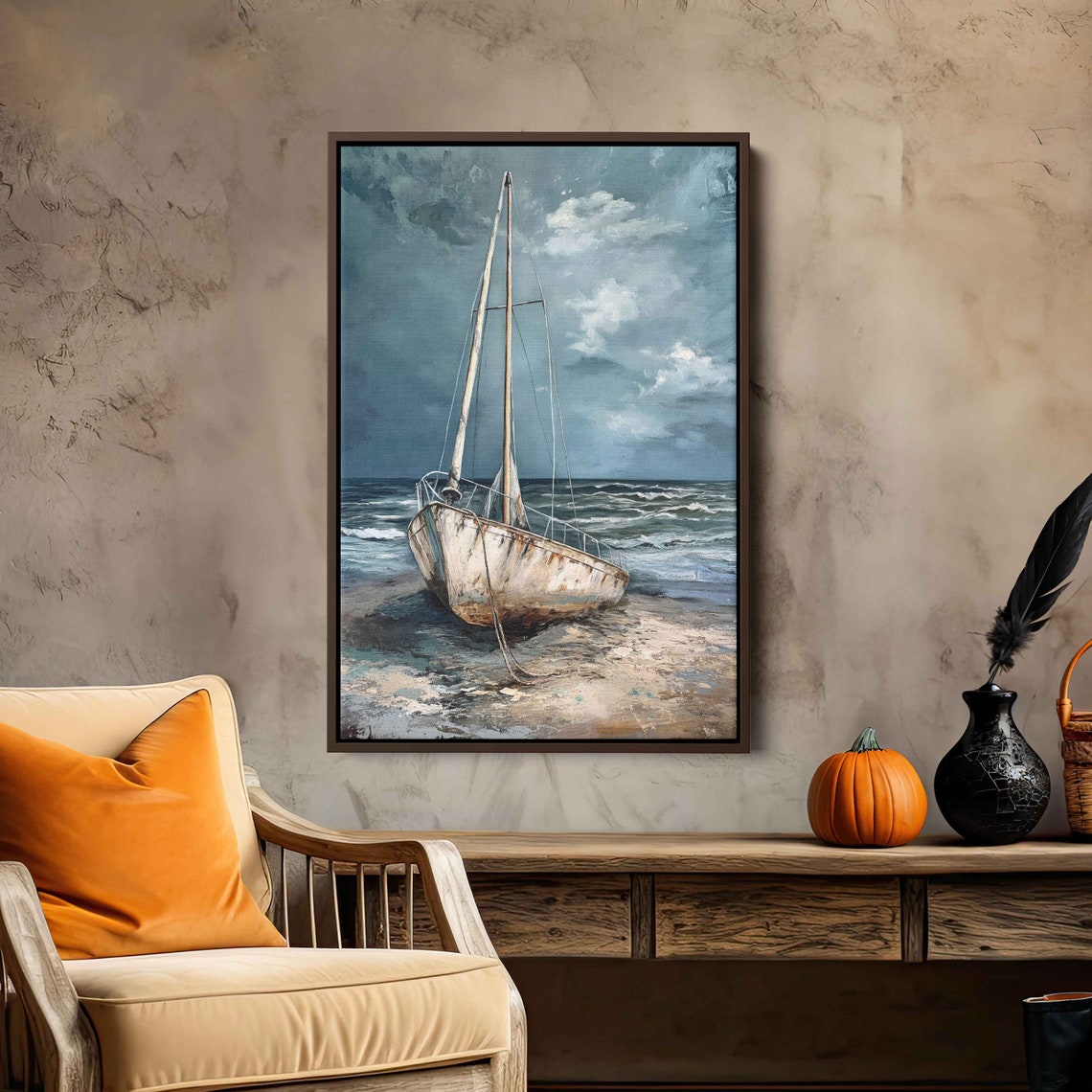 Weathered Sailboat Washed Ashore Moody Cloudy Beach Painting Poster - Image 2