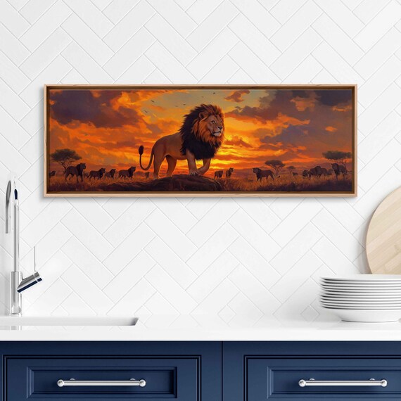 Majestic Lion With Pride Sunset Savanna Cinematic Wildlife Art Poster