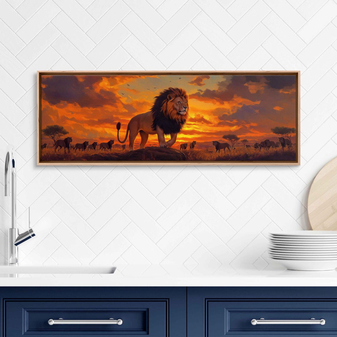 Majestic Lion With Pride Sunset Savanna Cinematic Wildlife Art Poster