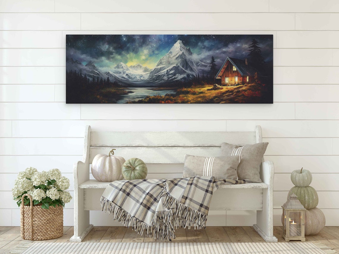 Lakeside Cabin at Night Glowing Windows Snowy Peaks Aurora Poster - Image 2