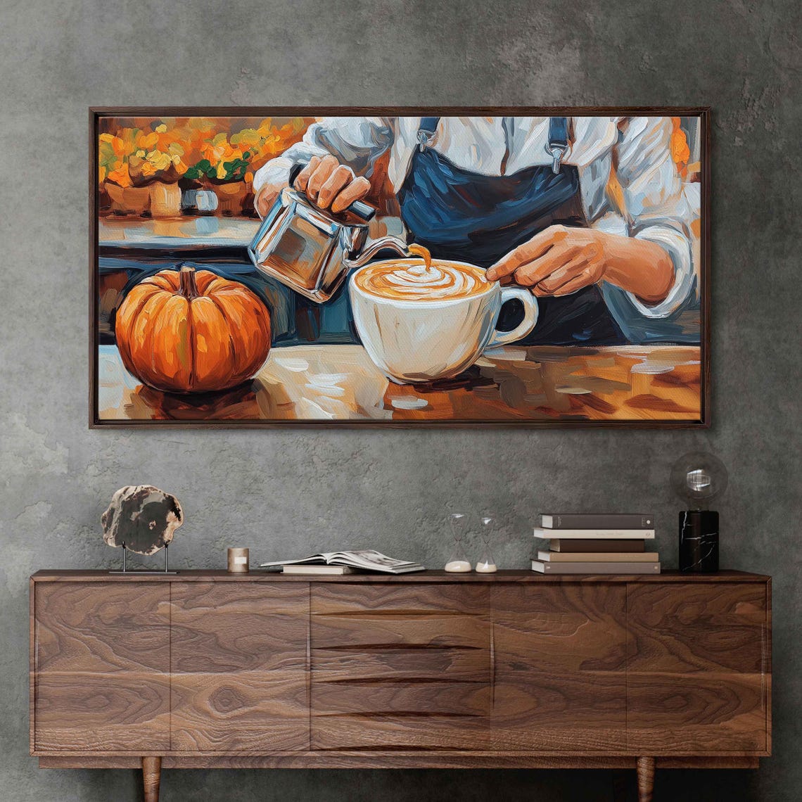 Barista Pouring Latte Art With Pumpkin On Cozy Cafe Table Print