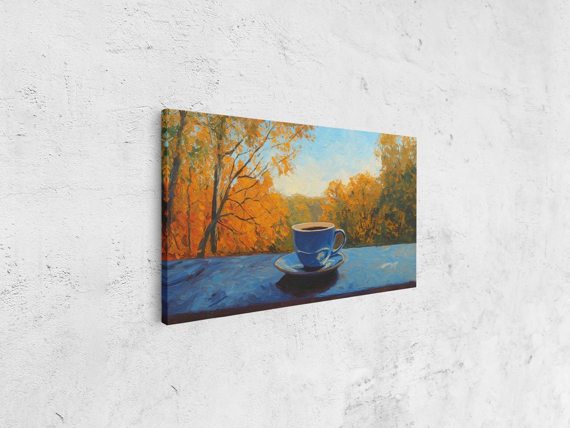 Blue Coffee Cup On Ledge Against Vibrant Autumn Foliage Painting - Image 4