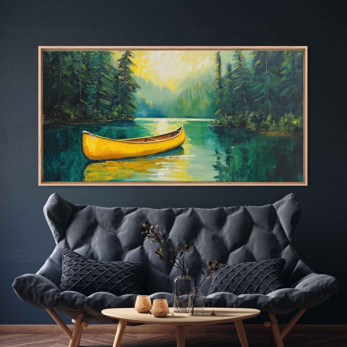 Bright Yellow Canoe on Serene Lake Art Print - Image 3