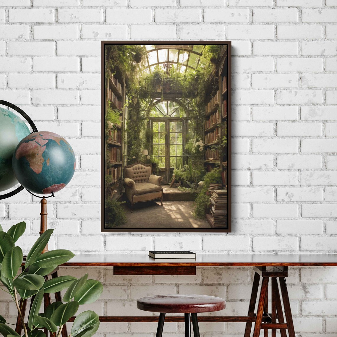 Lush Greenhouse Library Reading Nook Glass Roof Plants Cozy Book Poster