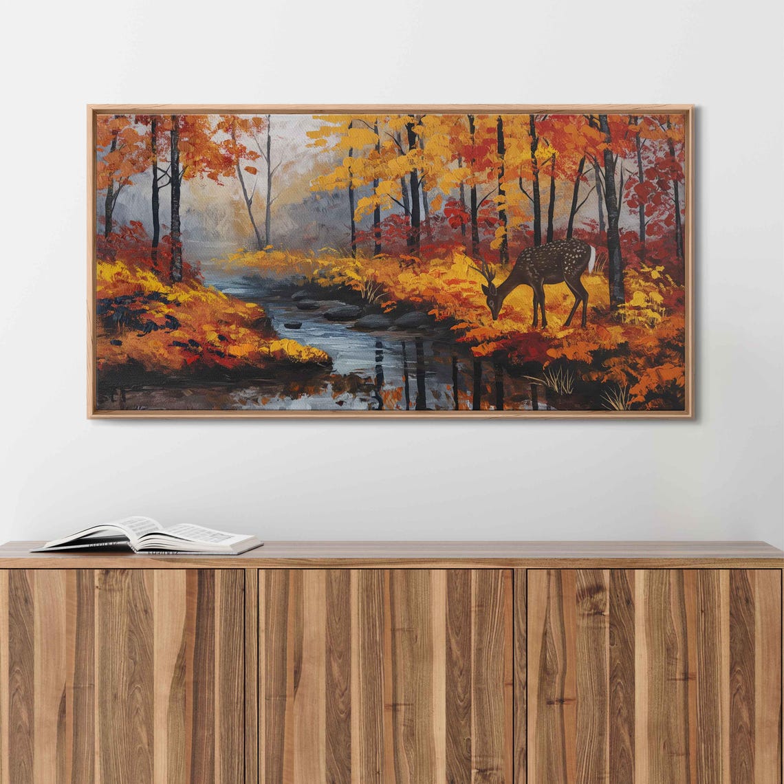 Deer Drinking From Forest Stream Autumn Woods Painting Wall Art - Image 3