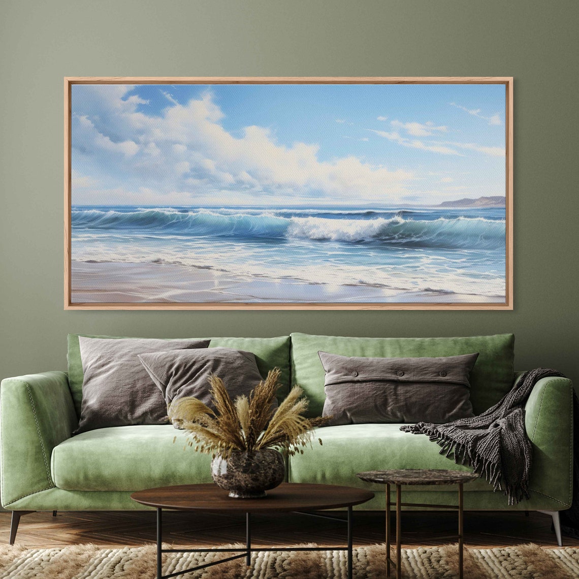 Rolling Ocean Waves Sandy Beach Bright Blue Sky Seascape Poster - Image 2