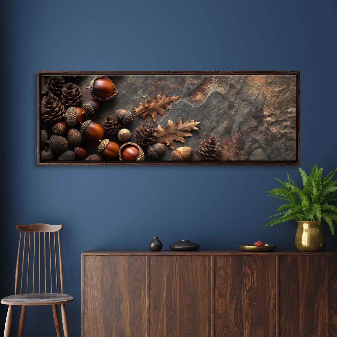 Acorns Pinecones And Oak Leaves On Dark Slate Rustic Photo Poster