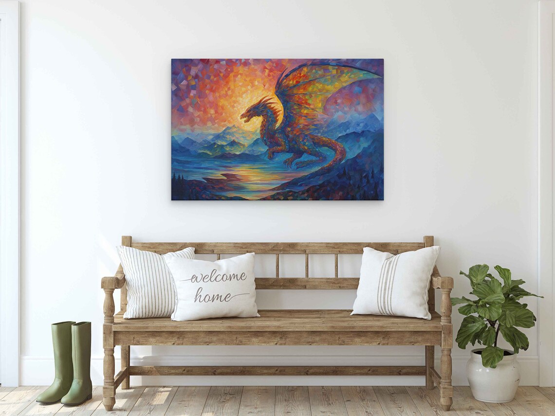 Colorful Mosaic Dragon Flying Over Mountain Lake At Sunset Fantasy Art Poster - Image 2