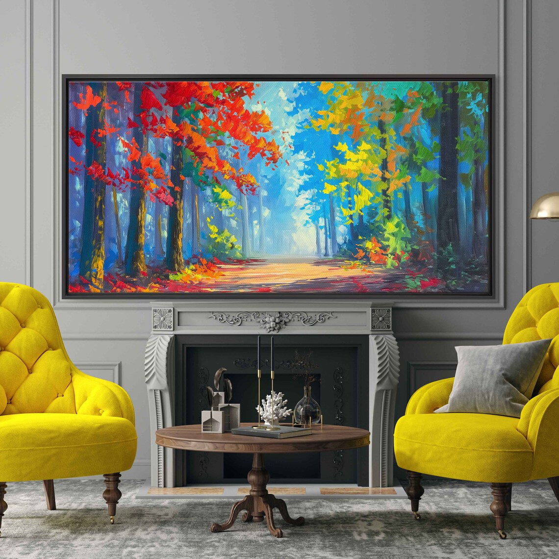 Colorful Autumn Forest Oil Painting Red Orange Foliage Path Poster