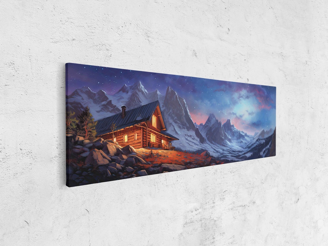 Log Cabin at Dusk Purple Starry Sky Snowy Peaks Night Art Poster - Image 4