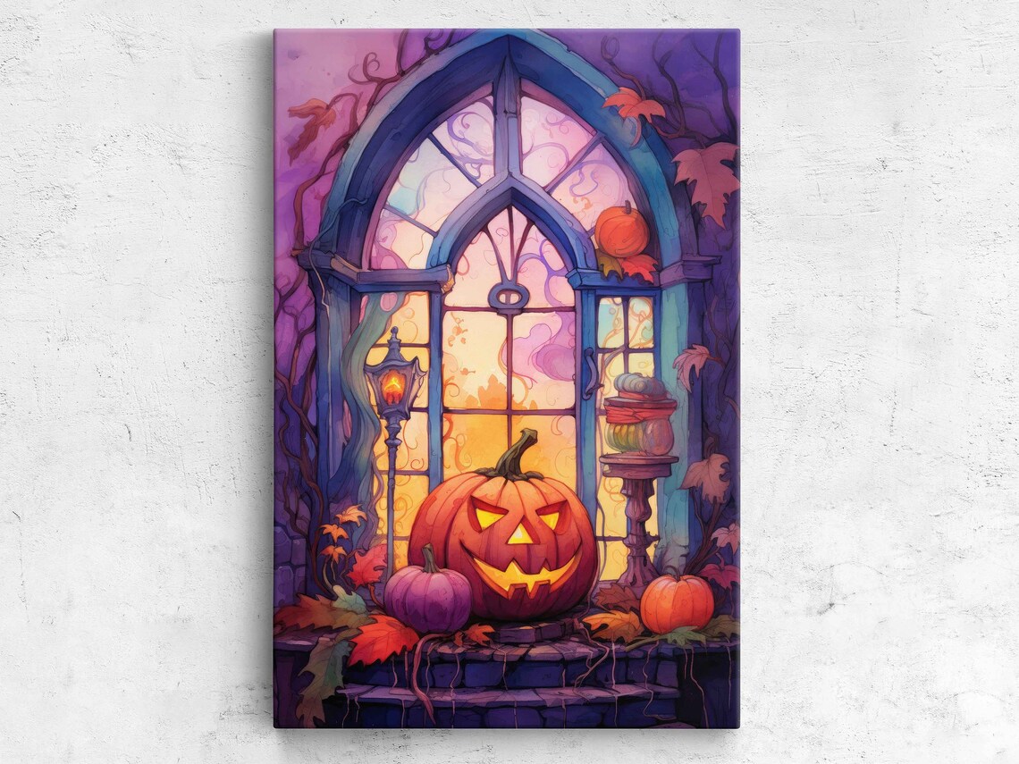 Halloween Gothic Window Jack O Lantern Purple Night Spooky Watercolor Poster