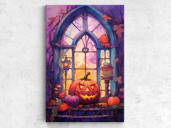 Halloween Gothic Window Jack O Lantern Purple Night Spooky Watercolor Poster