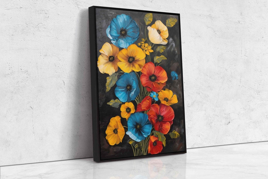 Poppy Bouquet Blue Yellow Red Blooms Dark Background Painting Poster - Image 4