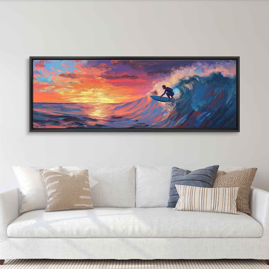 Surfer Catching Wave At Sunset Oil Wall Art Print Neon Sunset Gift For Surfer Blue Water Ready To Hang - Image 3