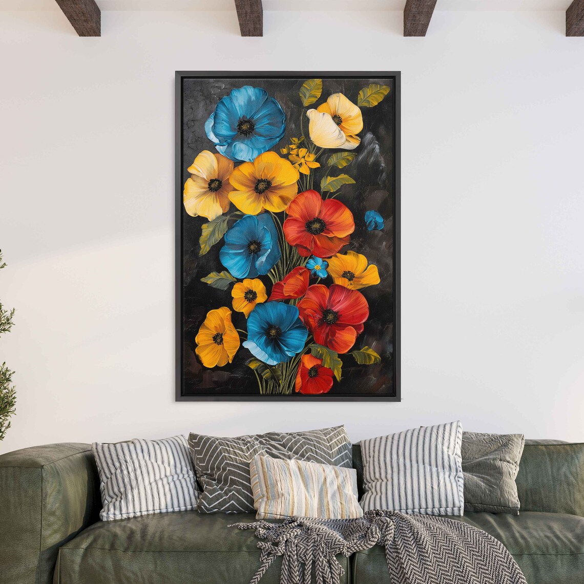 Poppy Bouquet Blue Yellow Red Blooms Dark Background Painting Poster