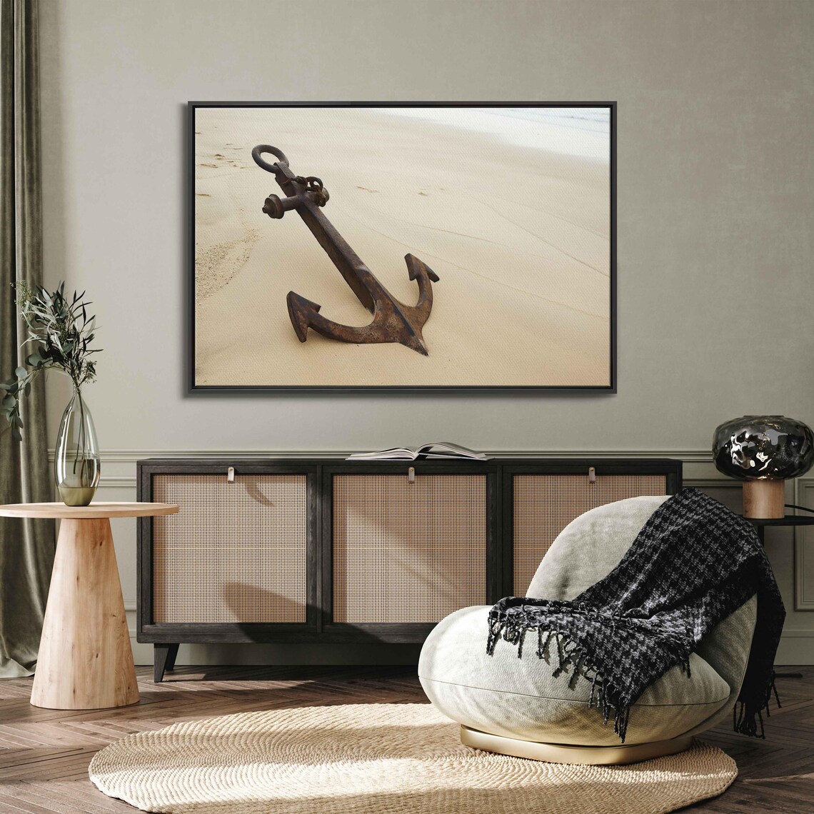 Rusty Vintage Anchor Resting On Pale Sandy Beach Coastal Wall Art Poster - Image 3