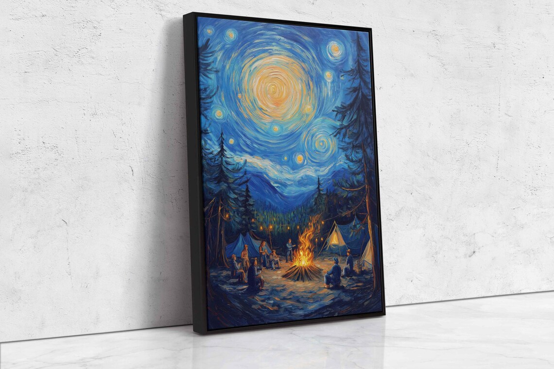 Starry Night Sky Over Campsite Campfire Swirling Oil Painting Art Poster - Image 4