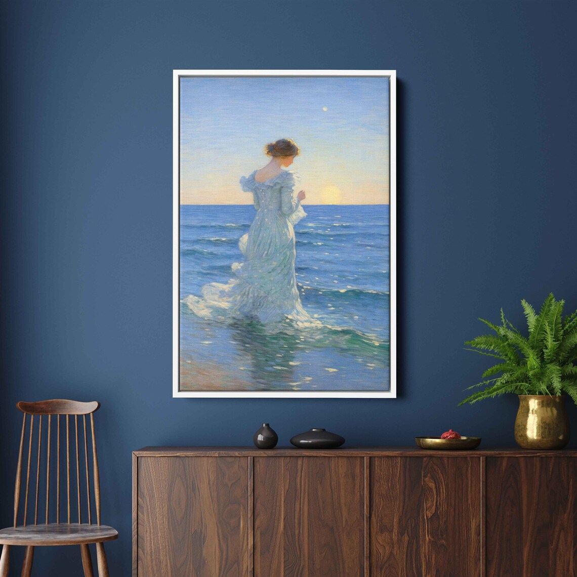 Woman In White Dress Ocean Sunrise Impressionist Painting Coastal Art Print - Image 2