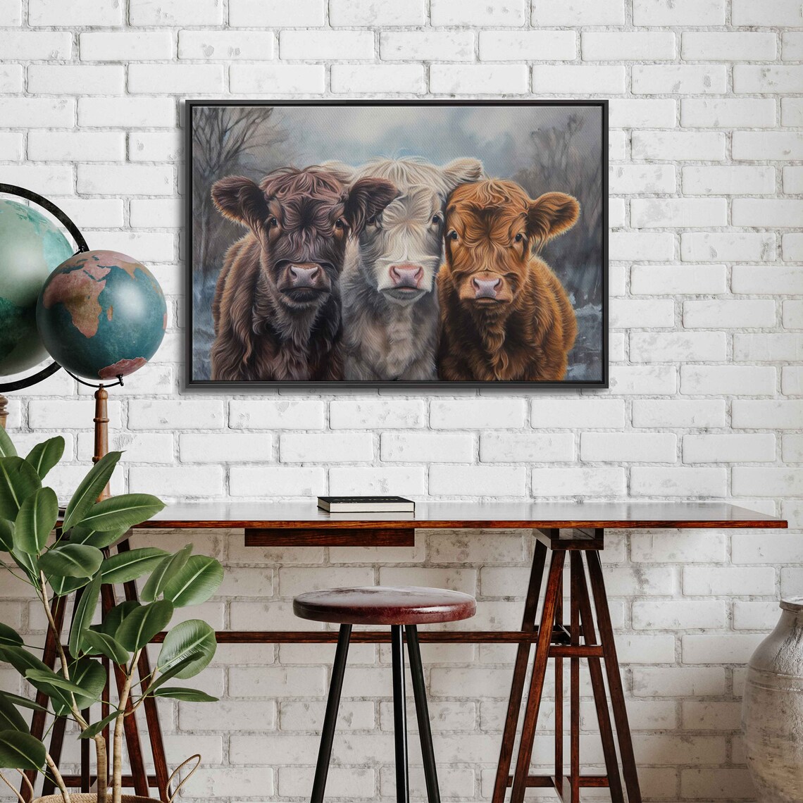 Highland Calves Trio Misty Morning Winter Field Cute Cow Poster - Image 3