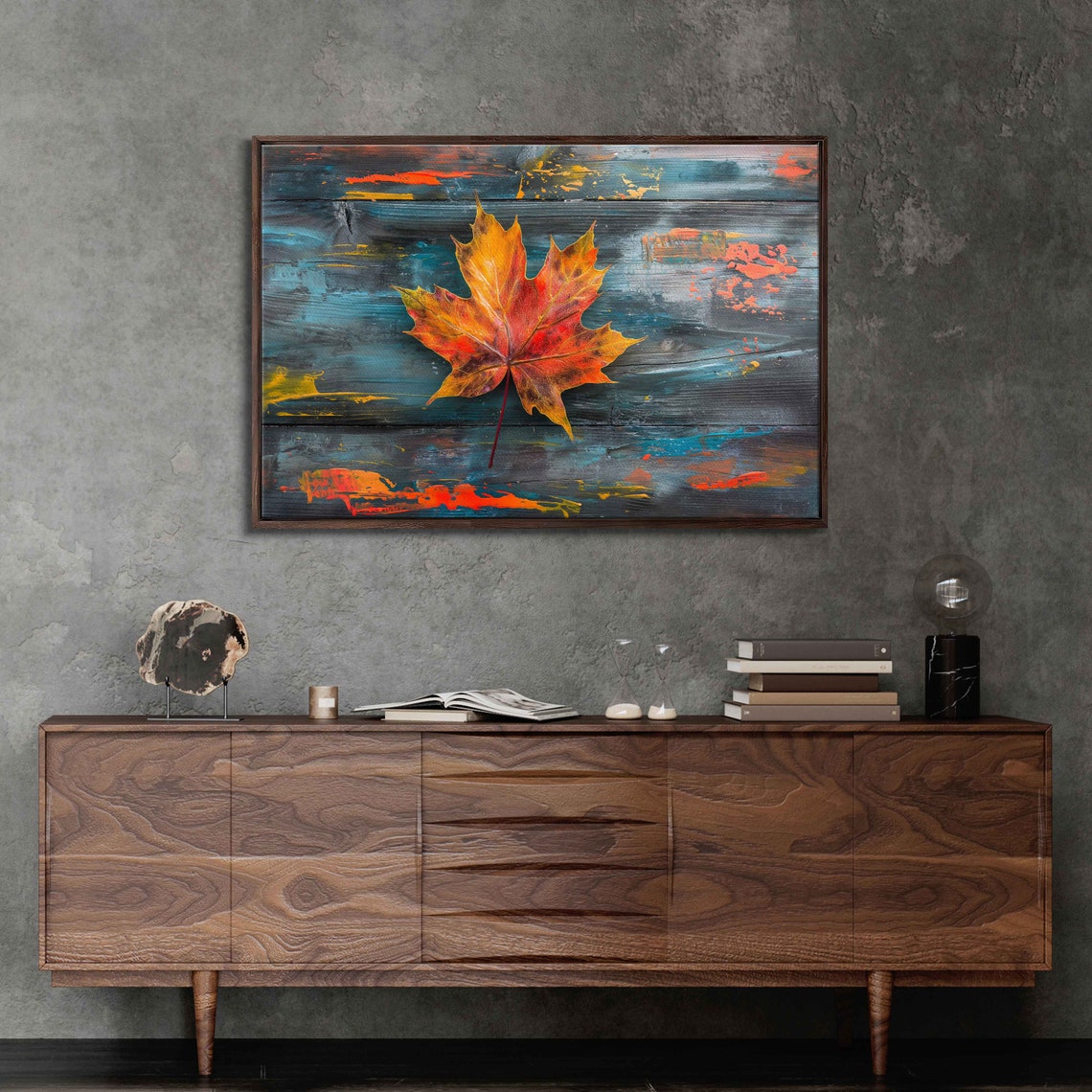 Single Maple Leaf On Blue Grey Painted Wood Fall Decor Art Poster