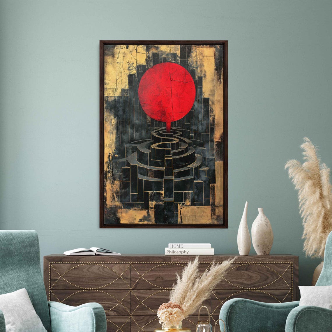 Red Sun Rising Over Black Maze Labyrinth Gold Abstract Art Poster
