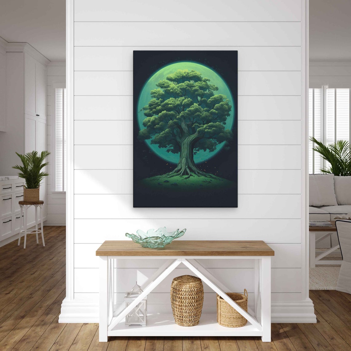 Giant Tree Silhouette Green Full Moon Night Dark Mystical Art Poster - Image 2