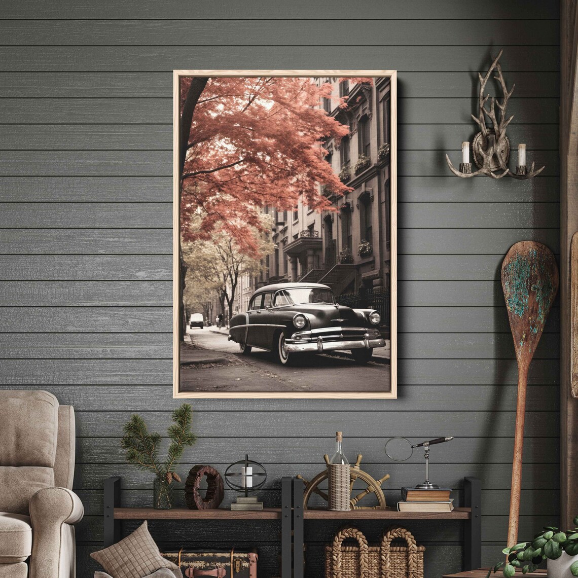 Vintage Black Sedan Brownstone Street Autumn Red Trees Photo Poster - Image 2
