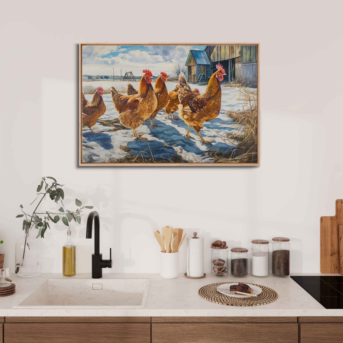 Brown Hens Walking Snowy Farmyard Winter Scene Rustic Barn Poster