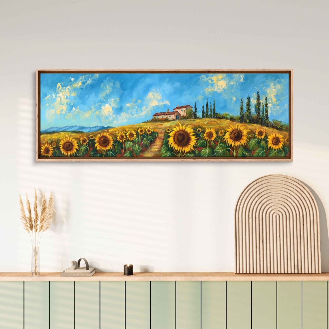 Tuscan Sunflower Field Hill Farmhouse Cypress Trees Blue Sky Art