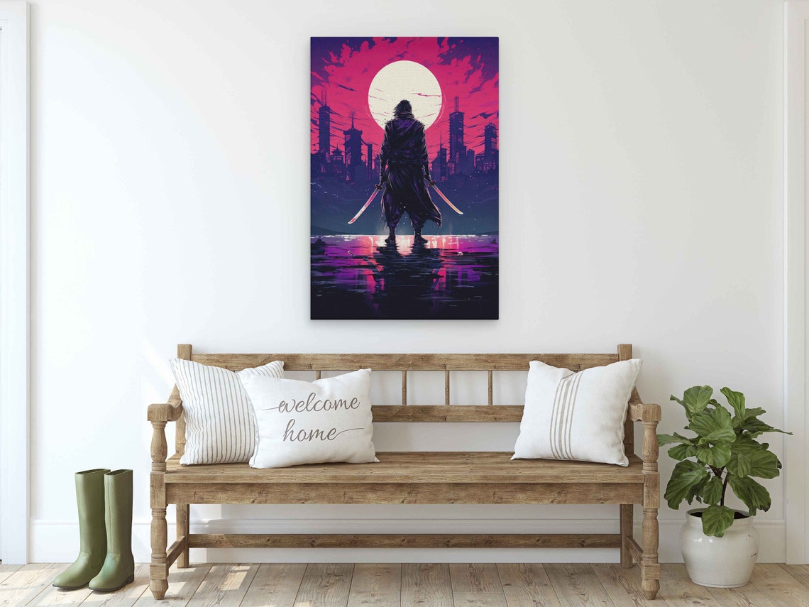 Samurai Dual Katanas Neon Pink Skyline Full Moon Reflection Art Print - Image 2