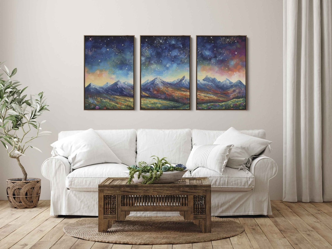 Starry Night Mountains Triptych Colorful Peaks Celestial Wall Art - Image 2