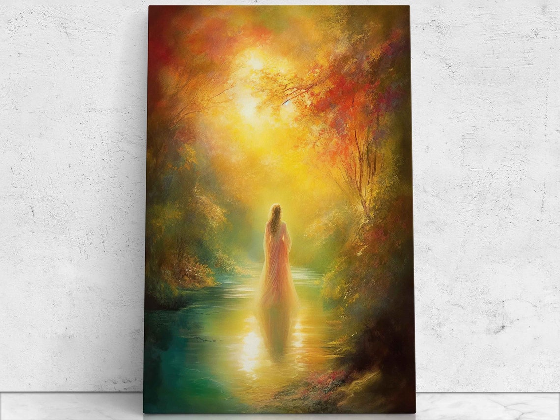 Woman Standing In River At Golden Sunrise Dreamy Forest Art Poster