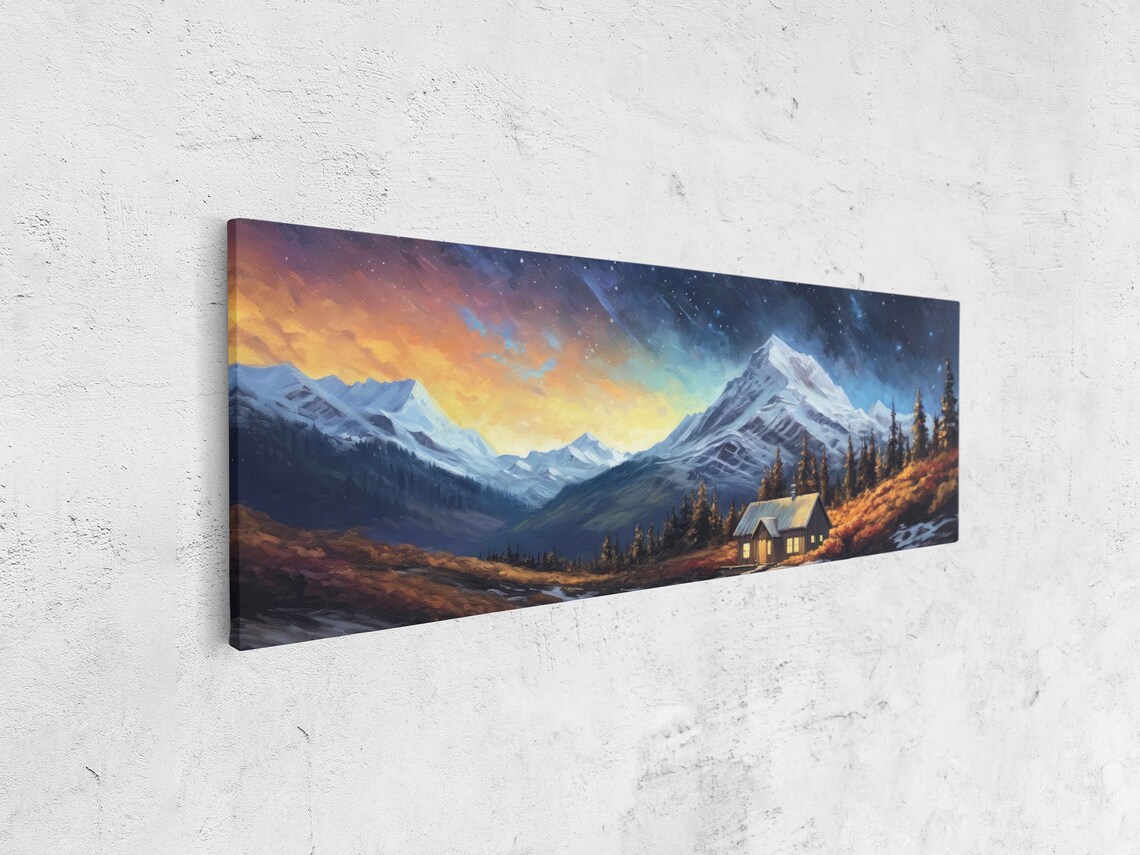 Cozy Mountain Cabin Under Starry Night Snowy Peaks Painting Poster - Image 4