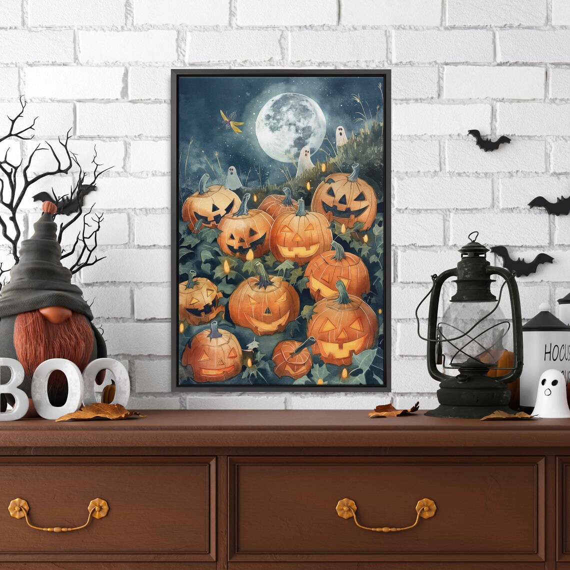 Whimsical Pumpkin Patch Filled With Jack O Lanterns Under Full Moon Wall Art