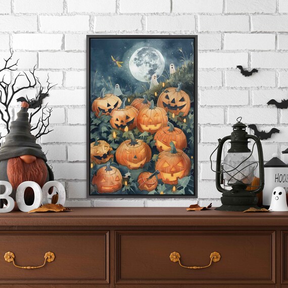 Whimsical Pumpkin Patch Filled With Jack O Lanterns Under Full Moon Wall Art