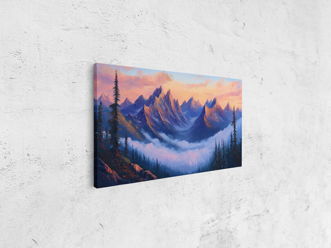 Majestic Mountain Range At Dawn Wall Art Print Soft Pink And Gold Light Adventure - Image 4